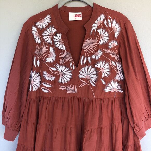 Anthropologie Samant Chauhan Dress M Embroidered Tiered Mini Babydoll Spice Boho - Picture 3 of 15